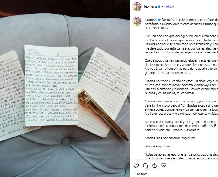 Isi Surat Pensiun Messi dari Timnas Argentina di Instagram