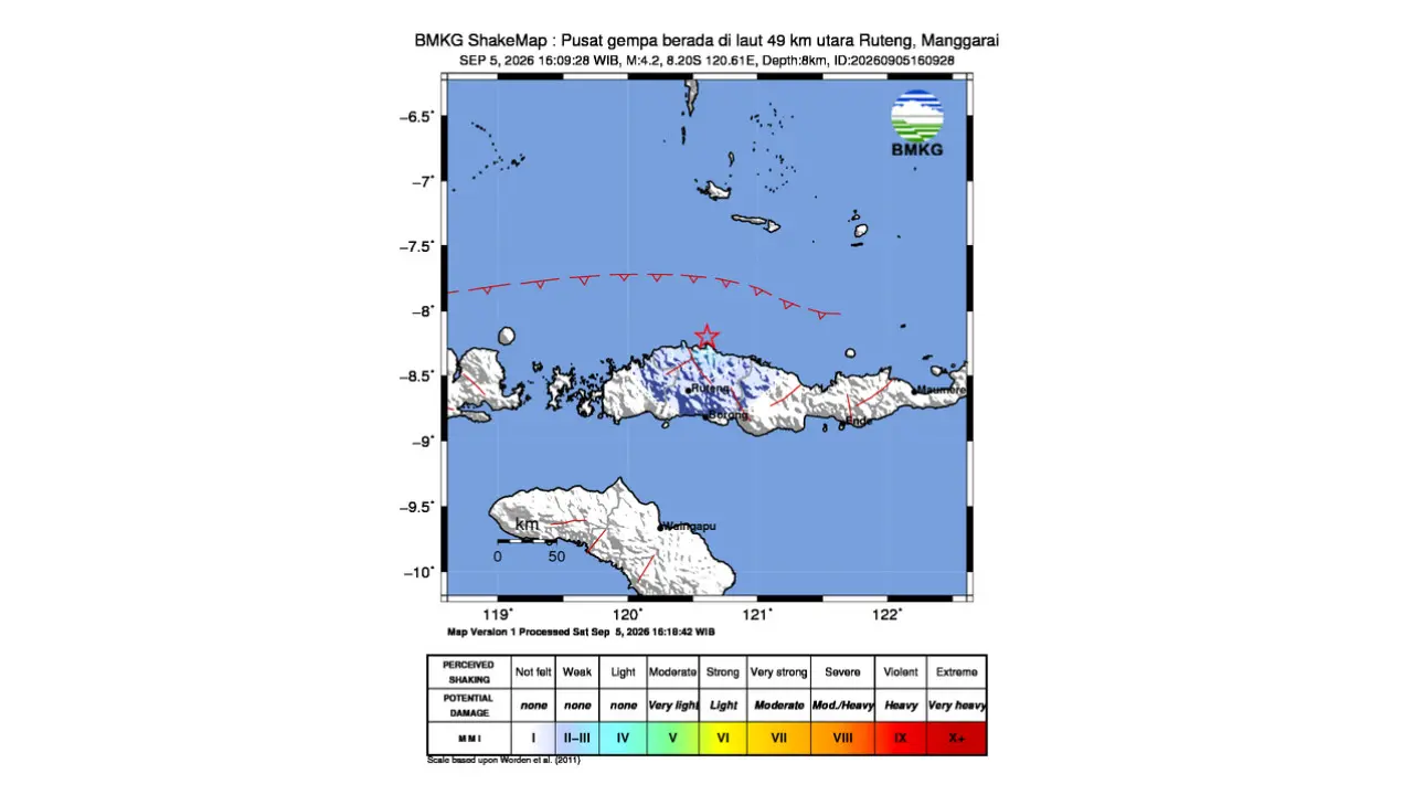 Gempa M 4,2 Guncang Utara Ruteng, Manggarai