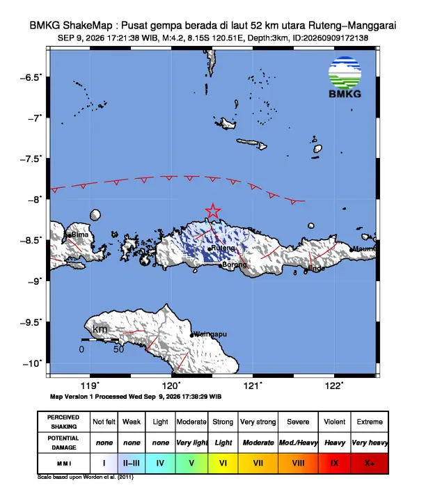 Peta guncangan (shakemap) BMKG untuk gempa magnitudo 4,2 SR