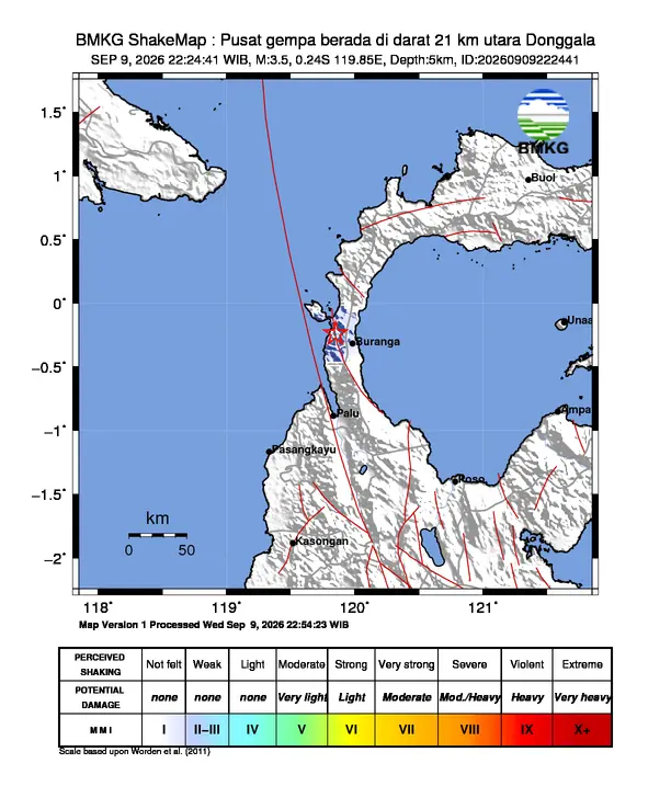 Peta guncangan (shakemap) BMKG untuk gempa magnitudo 3,5 SR