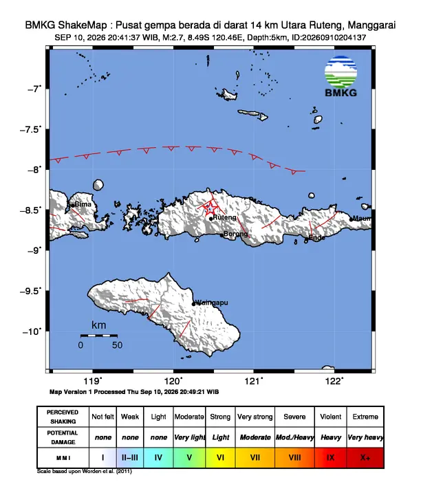 Peta guncangan (shakemap) BMKG untuk gempa magnitudo 2,7 SR