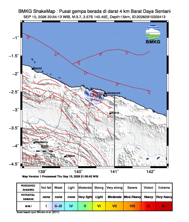 Peta guncangan (shakemap) BMKG untuk gempa magnitudo 3,7 SR