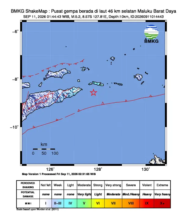 Peta guncangan (shakemap) BMKG untuk gempa magnitudo 5,2 SR