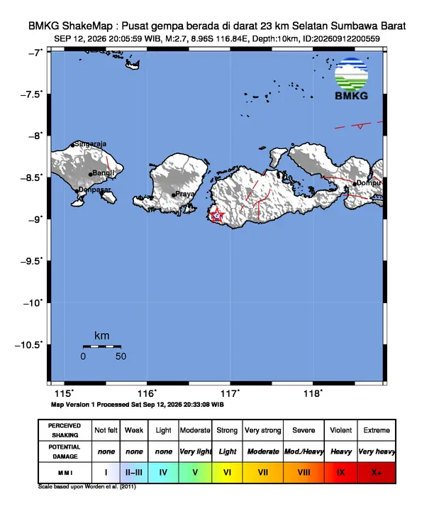 Peta guncangan (shakemap) BMKG untuk gempa magnitudo 2,7 SR
