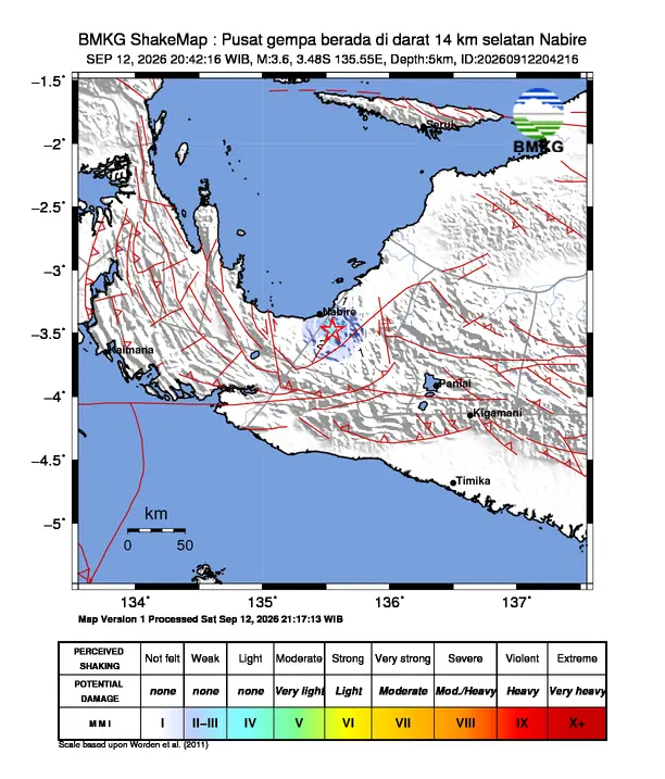 Peta guncangan (shakemap) BMKG untuk gempa magnitudo 3,6 SR