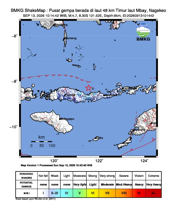 Peta guncangan (shakemap) BMKG untuk gempa magnitudo 4,7 SR