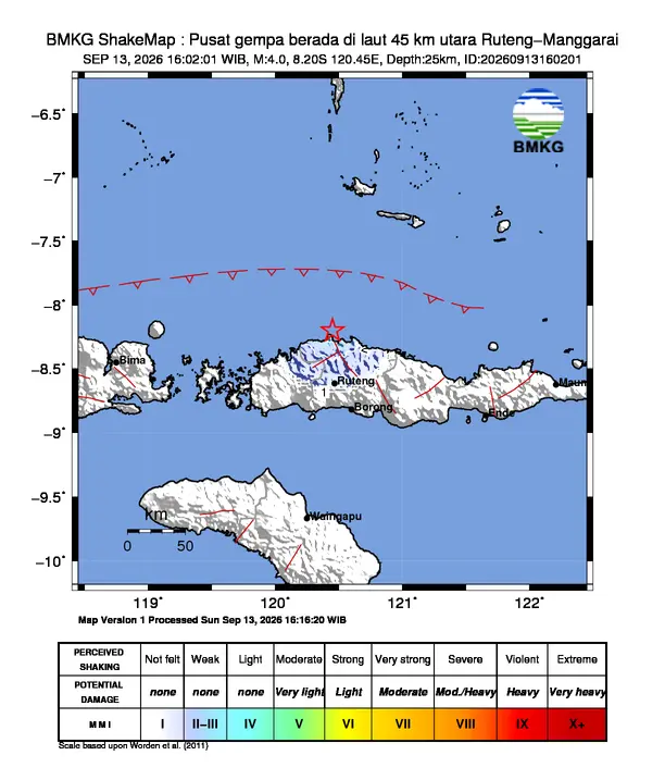 Peta guncangan (shakemap) BMKG untuk gempa magnitudo 4,0 SR