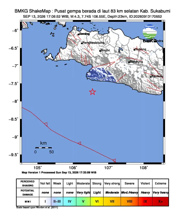 Peta guncangan (shakemap) BMKG untuk gempa magnitudo 4,3 SR