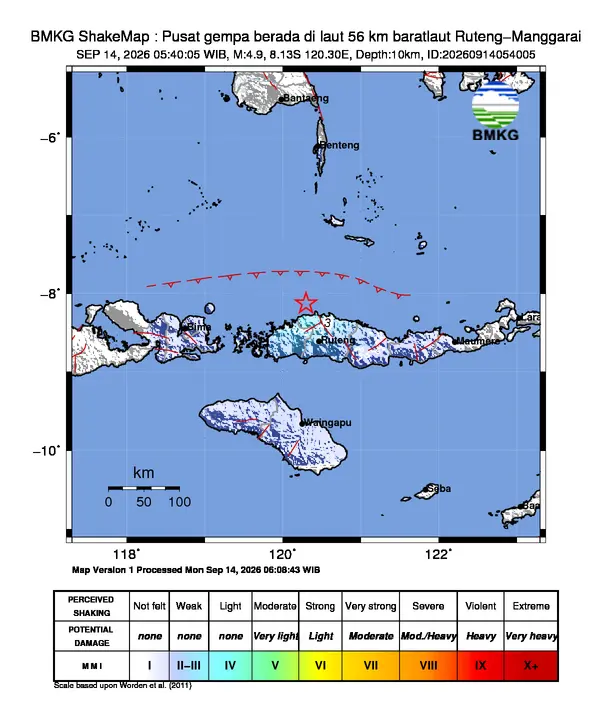 Peta guncangan (shakemap) BMKG untuk gempa magnitudo 4,9 SR