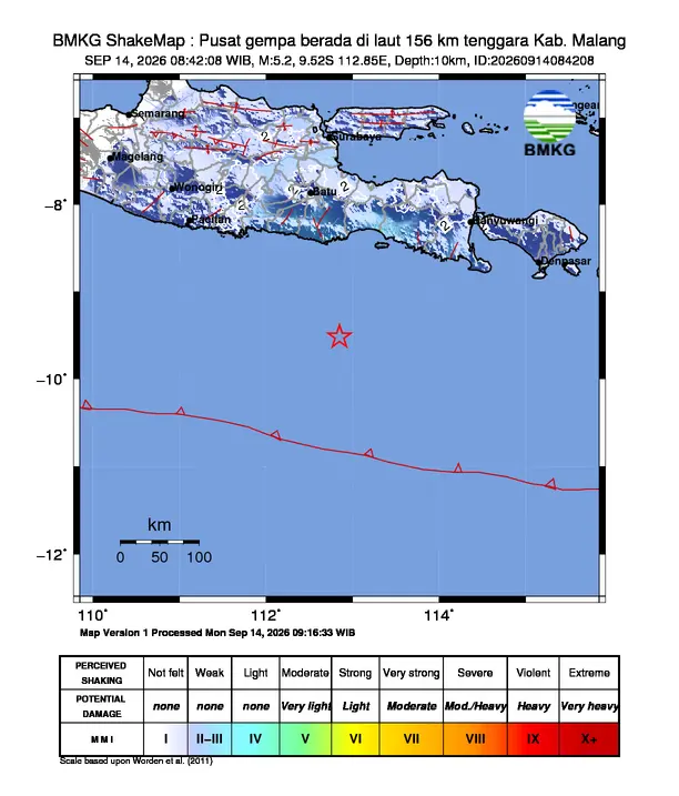 Peta guncangan (shakemap) BMKG untuk gempa magnitudo 5,2 SR