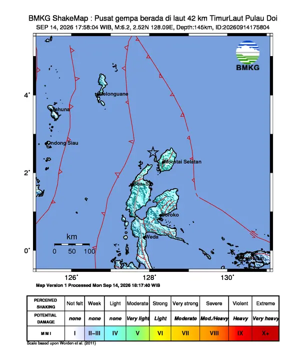 Peta guncangan (shakemap) BMKG untuk gempa magnitudo 6,2 SR