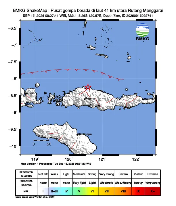 Peta guncangan (shakemap) BMKG untuk gempa magnitudo 3,1 SR