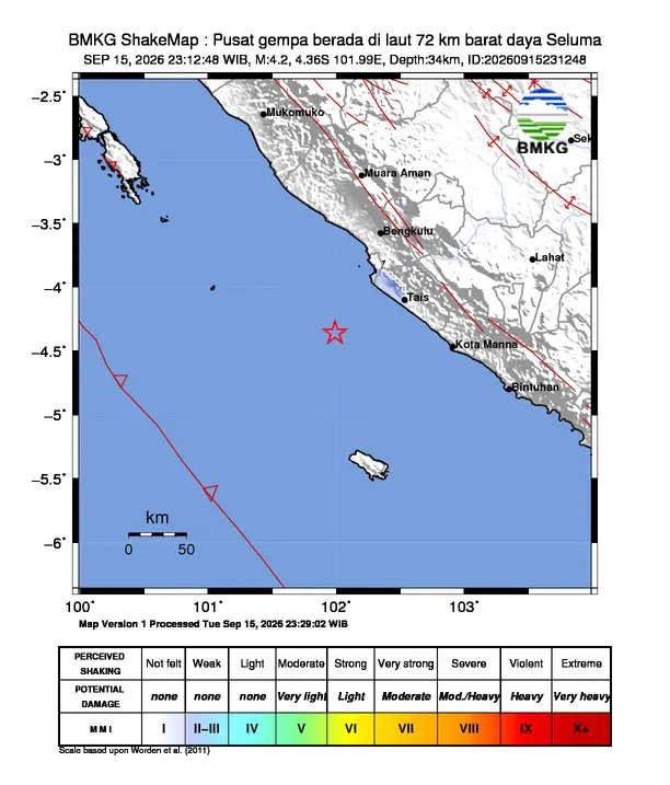 Peta guncangan (shakemap) BMKG untuk gempa magnitudo 4,2 SR