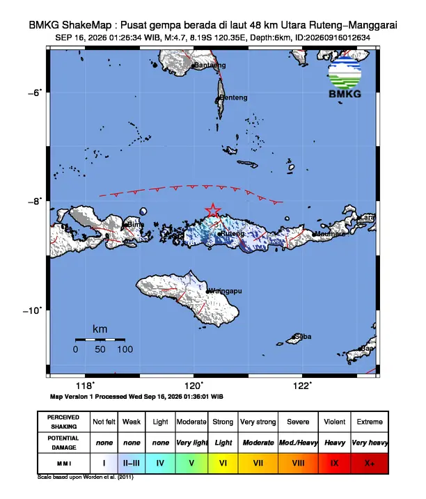 Peta guncangan (shakemap) BMKG untuk gempa magnitudo 4,7 SR