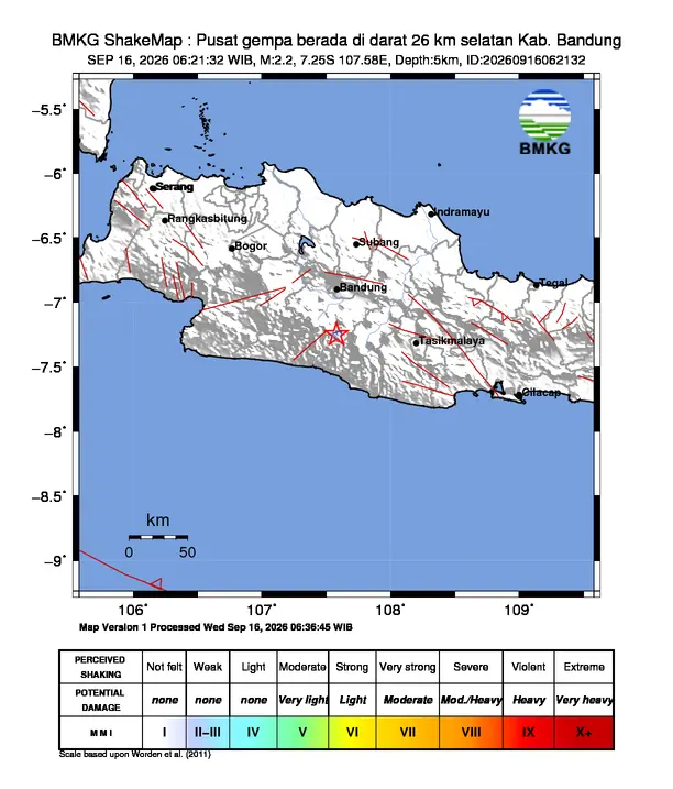 Peta guncangan (shakemap) BMKG untuk gempa magnitudo 2,2 SR