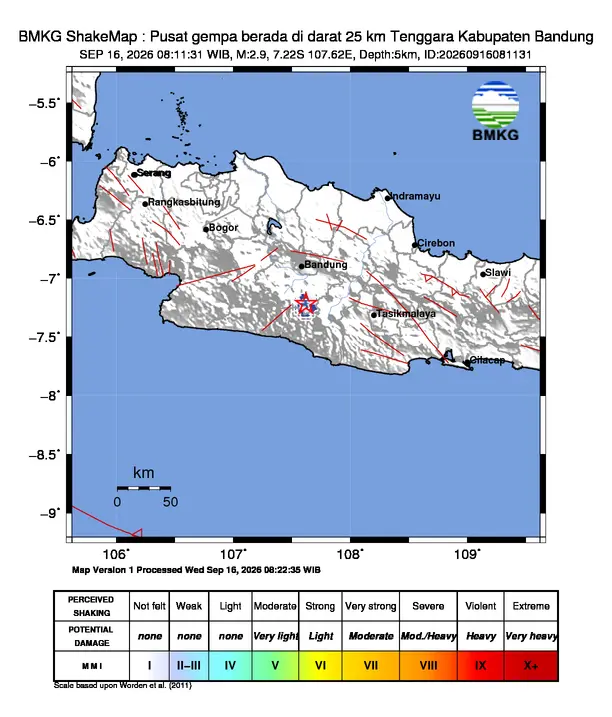 Peta guncangan (shakemap) BMKG untuk gempa magnitudo 2,9 SR