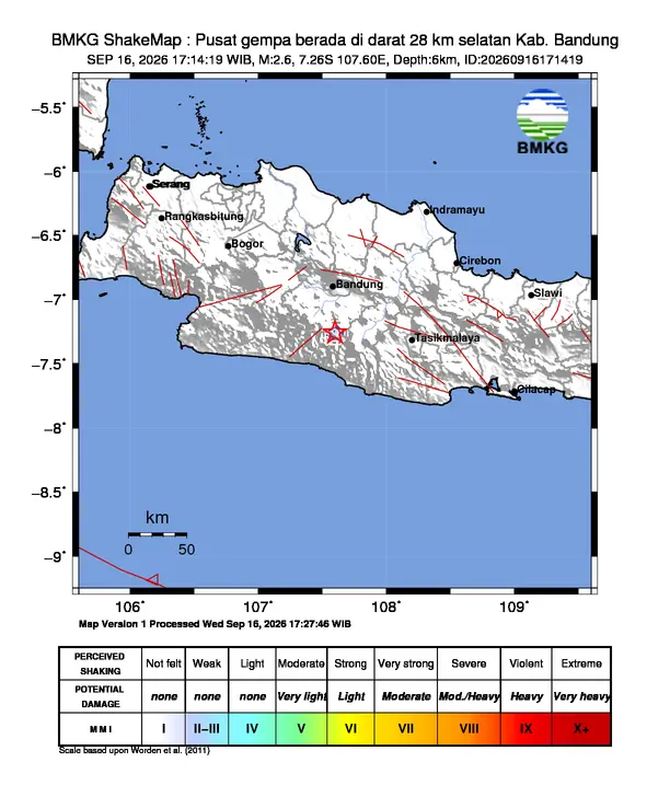 Peta guncangan (shakemap) BMKG untuk gempa magnitudo 2,6 SR