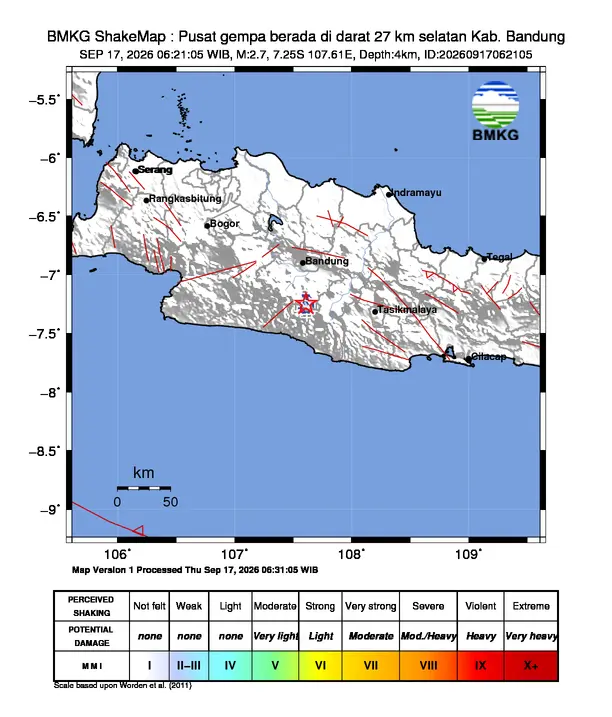 Peta guncangan (shakemap) BMKG untuk gempa magnitudo 2,7 SR