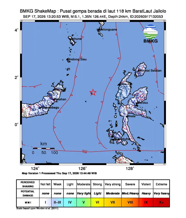 Peta guncangan (shakemap) BMKG untuk gempa magnitudo 5,1 SR