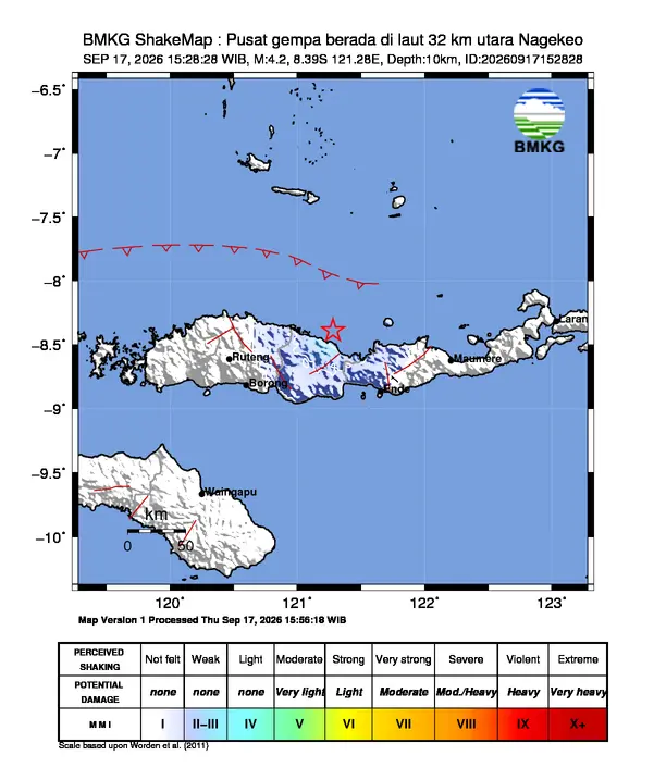 Peta guncangan (shakemap) BMKG untuk gempa magnitudo 4,2 SR