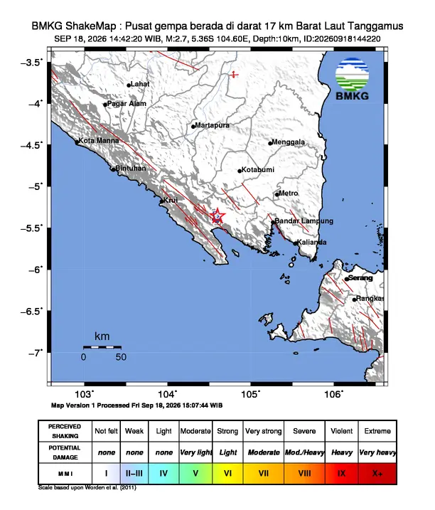 Peta guncangan (shakemap) BMKG untuk gempa magnitudo 2,7 SR