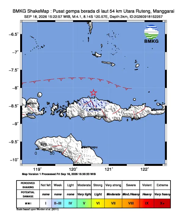 Peta guncangan (shakemap) BMKG untuk gempa magnitudo 4,1 SR