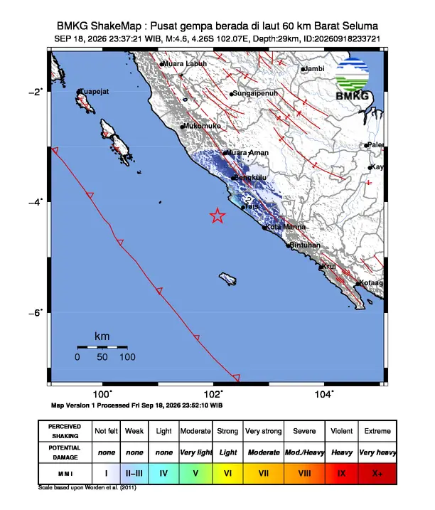 Peta guncangan (shakemap) BMKG untuk gempa magnitudo 4,6 SR