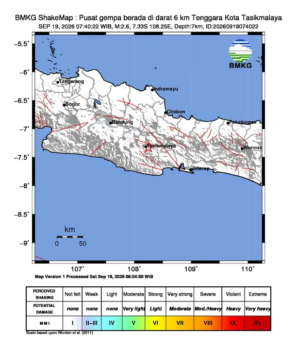Peta guncangan (shakemap) BMKG untuk gempa magnitudo 2,6 SR