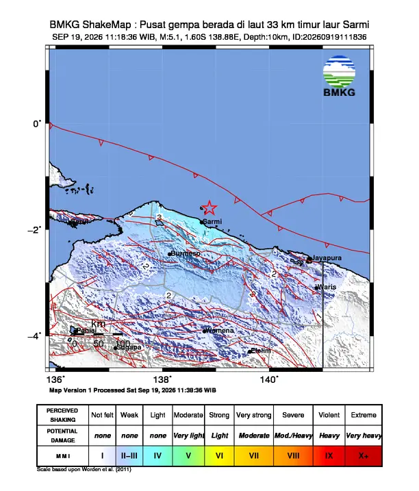 Peta guncangan (shakemap) BMKG untuk gempa magnitudo 5,1 SR