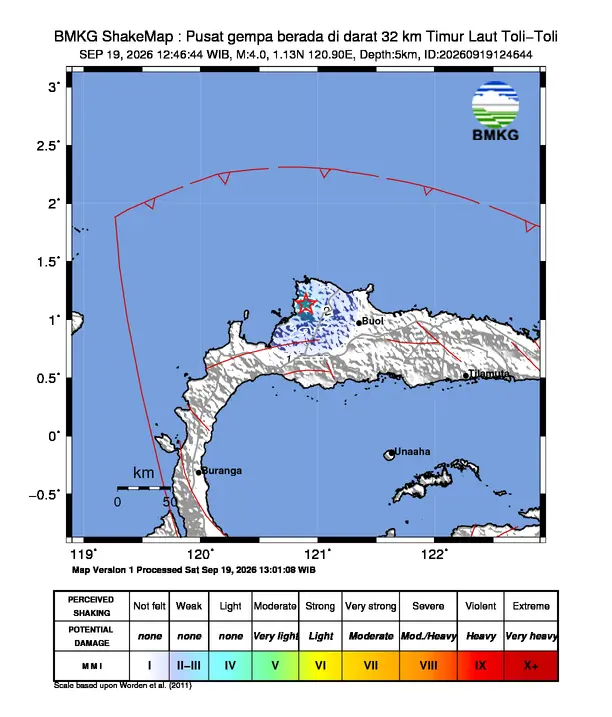 Peta guncangan (shakemap) BMKG untuk gempa magnitudo 4,0 SR