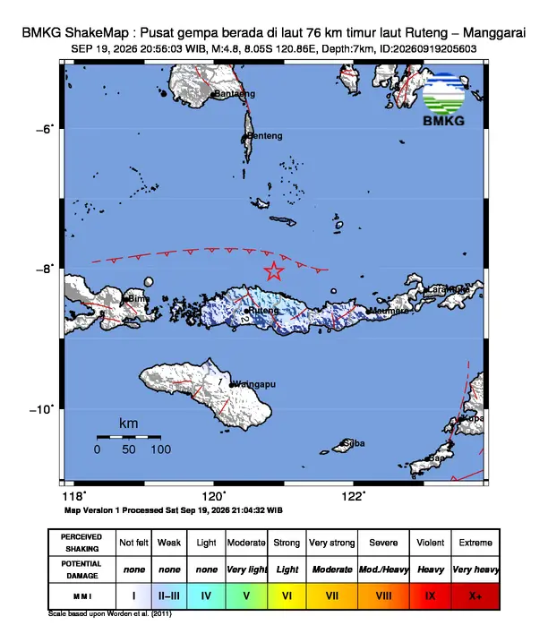 Peta guncangan (shakemap) BMKG untuk gempa magnitudo 4,8 SR