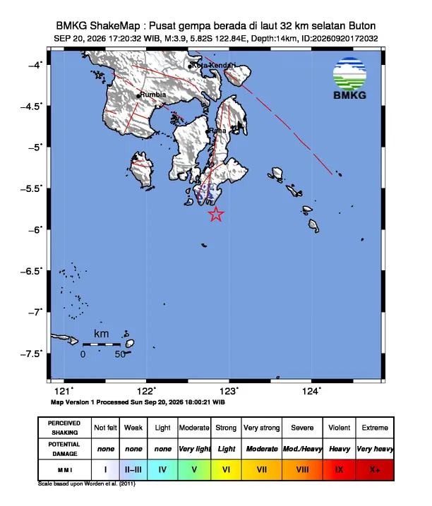 Peta guncangan (shakemap) BMKG untuk gempa magnitudo 3,9 SR
