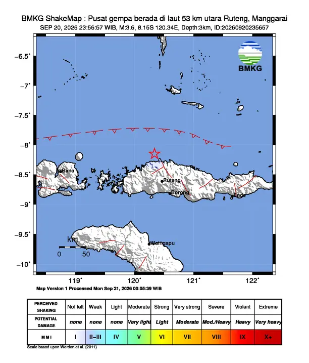 Peta guncangan (shakemap) BMKG untuk gempa magnitudo 3,6 SR