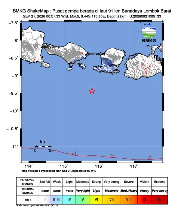 Peta guncangan (shakemap) BMKG untuk gempa magnitudo 4,5 SR