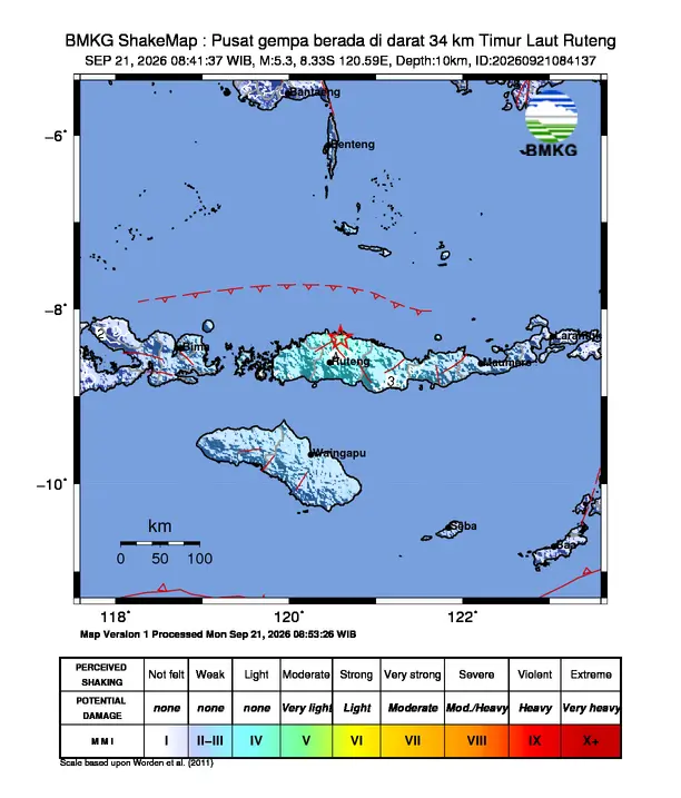 Peta guncangan (shakemap) BMKG untuk gempa magnitudo 5,3 SR