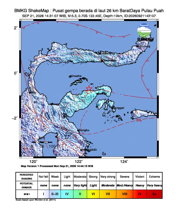 Peta guncangan (shakemap) BMKG untuk gempa magnitudo 5,3 SR