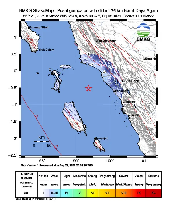 Peta guncangan (shakemap) BMKG untuk gempa magnitudo 4,5 SR