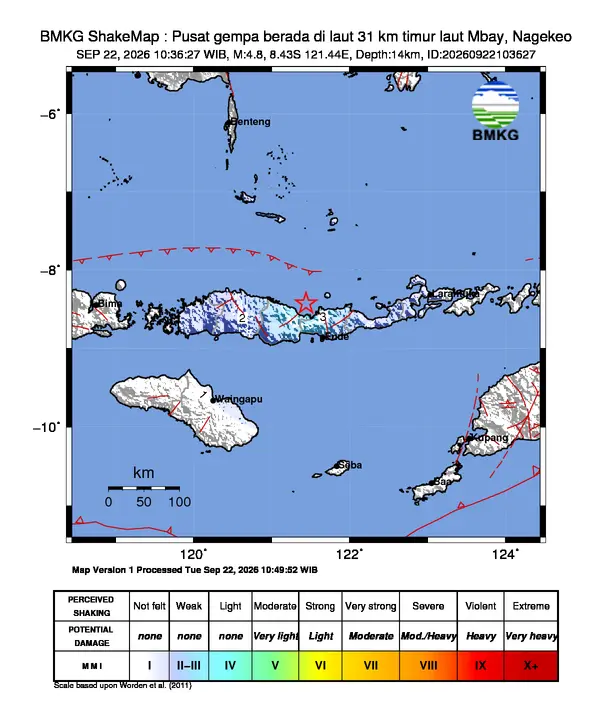 Peta guncangan (shakemap) BMKG untuk gempa magnitudo 4,8 SR