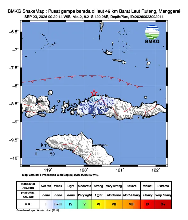 Peta guncangan (shakemap) BMKG untuk gempa magnitudo 4,2 SR
