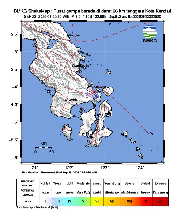 Peta guncangan (shakemap) BMKG untuk gempa magnitudo 3,5 SR