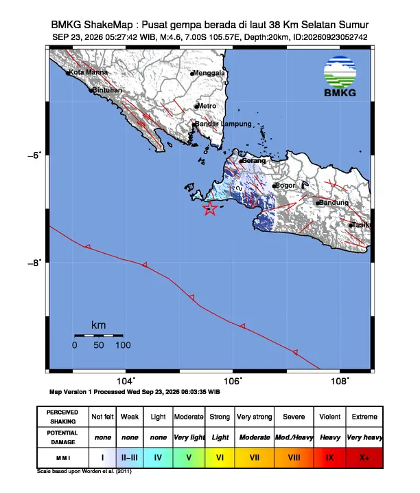 Peta guncangan (shakemap) BMKG untuk gempa magnitudo 4,6 SR