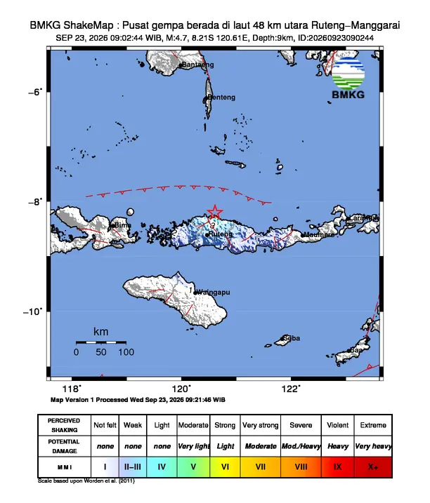 Peta guncangan (shakemap) BMKG untuk gempa magnitudo 4,7 SR