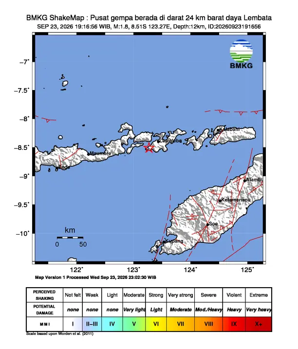 Peta guncangan (shakemap) BMKG untuk gempa magnitudo 1,8 SR