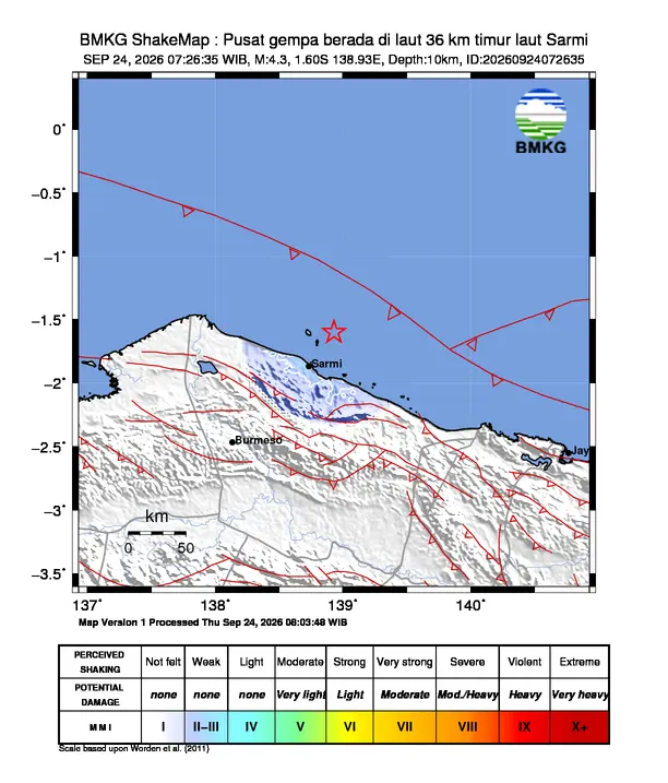 Peta guncangan (shakemap) BMKG untuk gempa magnitudo 4,3 SR