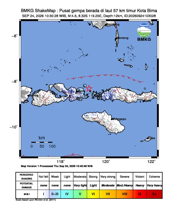 Peta guncangan (shakemap) BMKG untuk gempa magnitudo 4,6 SR