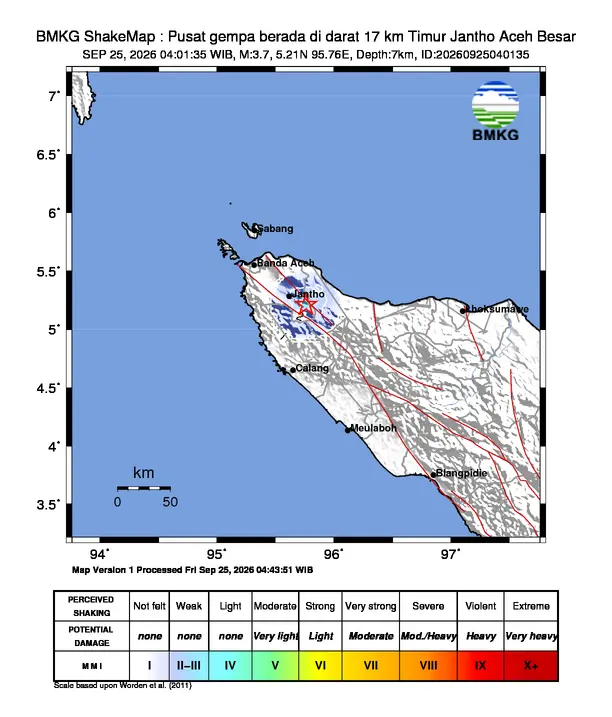 Peta guncangan (shakemap) BMKG untuk gempa magnitudo 3,7 SR