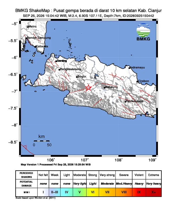 Peta guncangan (shakemap) BMKG untuk gempa magnitudo 2,4 SR