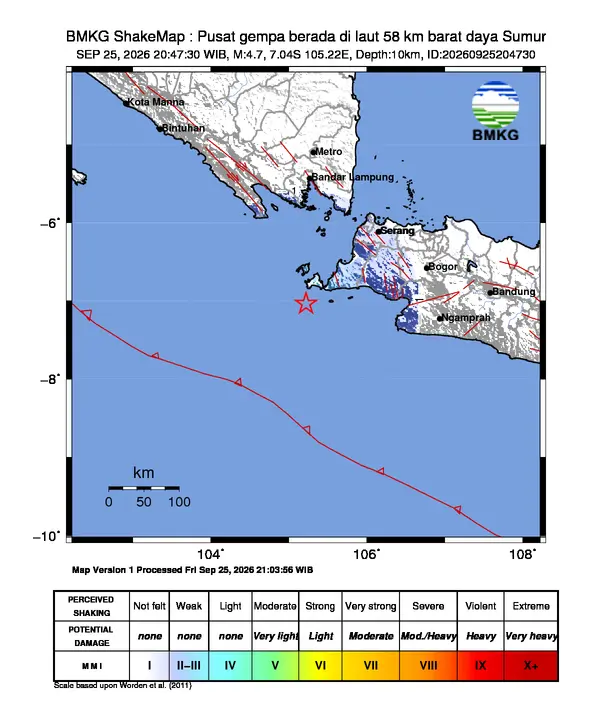 Peta guncangan (shakemap) BMKG untuk gempa magnitudo 4,7 SR