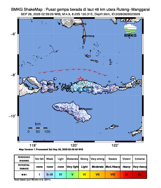 Peta guncangan (shakemap) BMKG untuk gempa magnitudo 4,9 SR