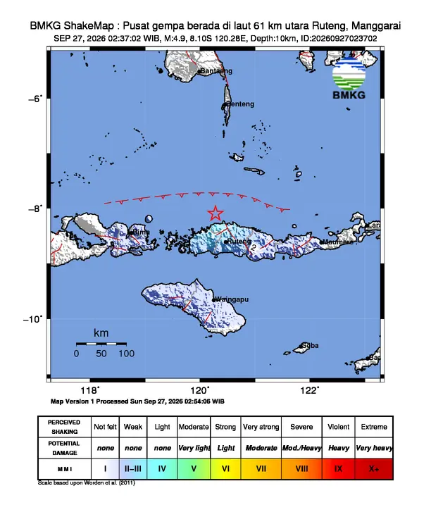 Peta guncangan (shakemap) BMKG untuk gempa magnitudo 4,9 SR